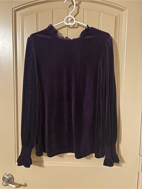 Women's Velvet Long-Sleeve Top with Ruffle Neck - Deep Purple